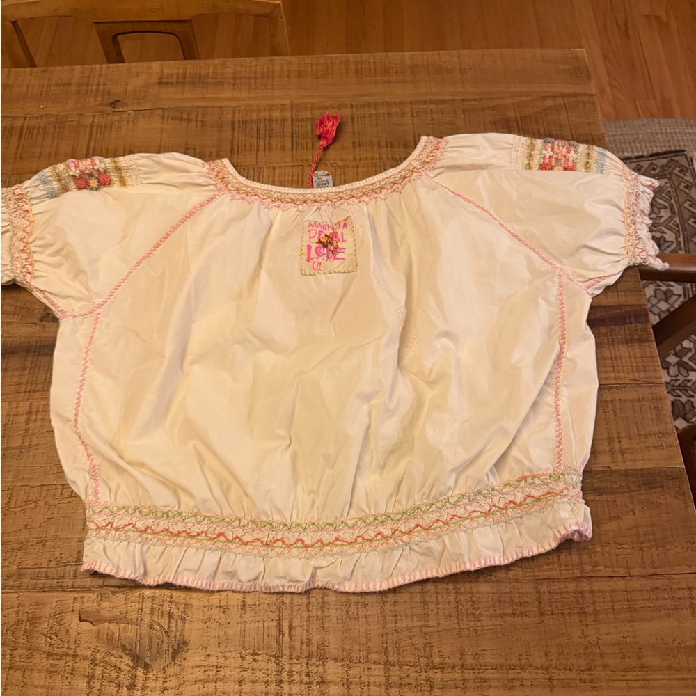 Magnolia Pearl Chrissy Fold Blouse Pink Tassel and Multicolor Embroidery EUC - Picture 7 of 8